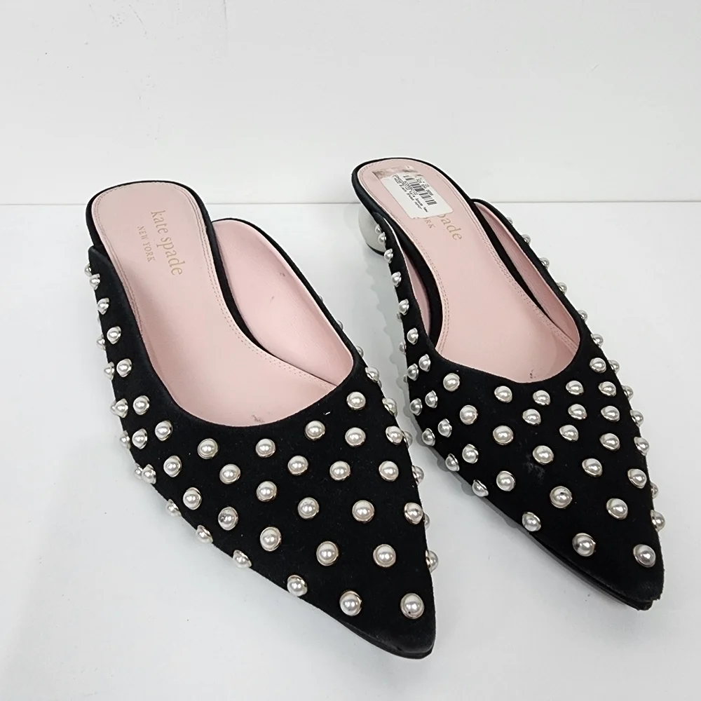 Kate spade honor pearl kitten heel mules, black, size 7